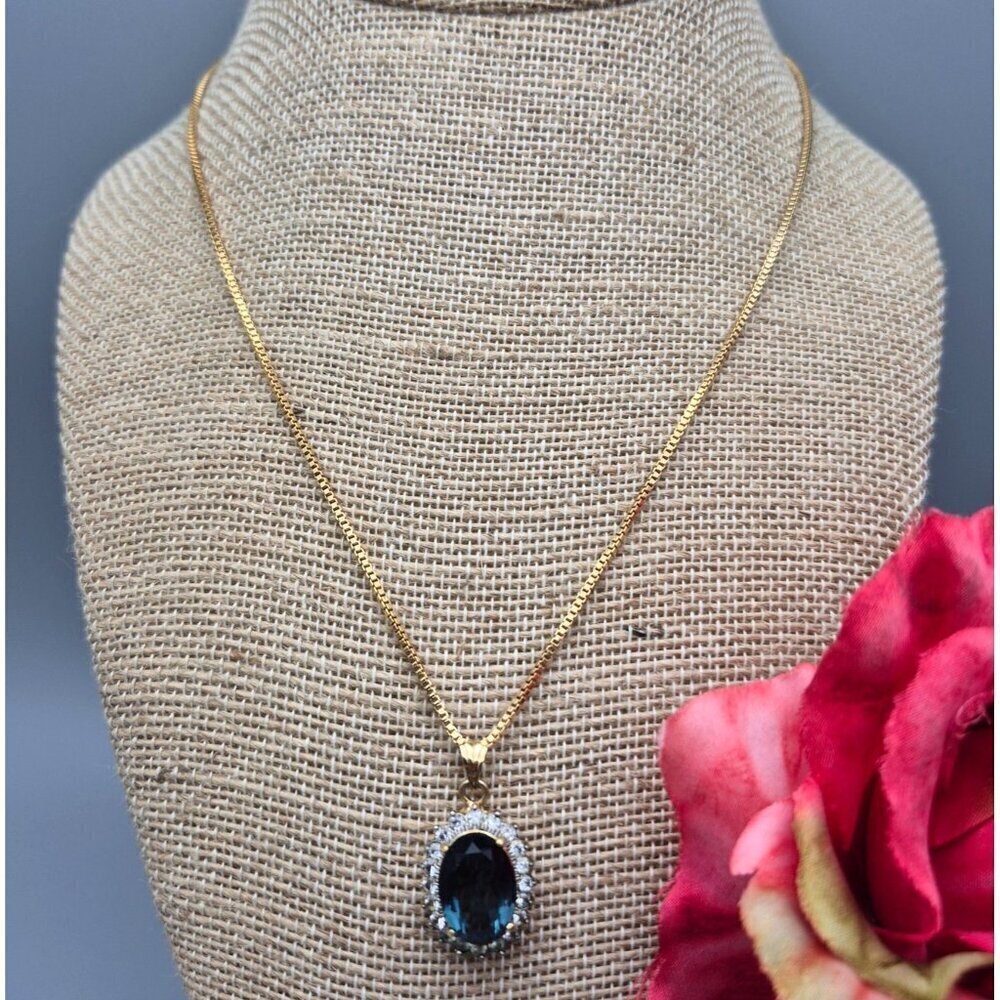 Gold Tone Box Chain Necklace Blue Stone Oval Pendant Clear Crystal Trim 18"